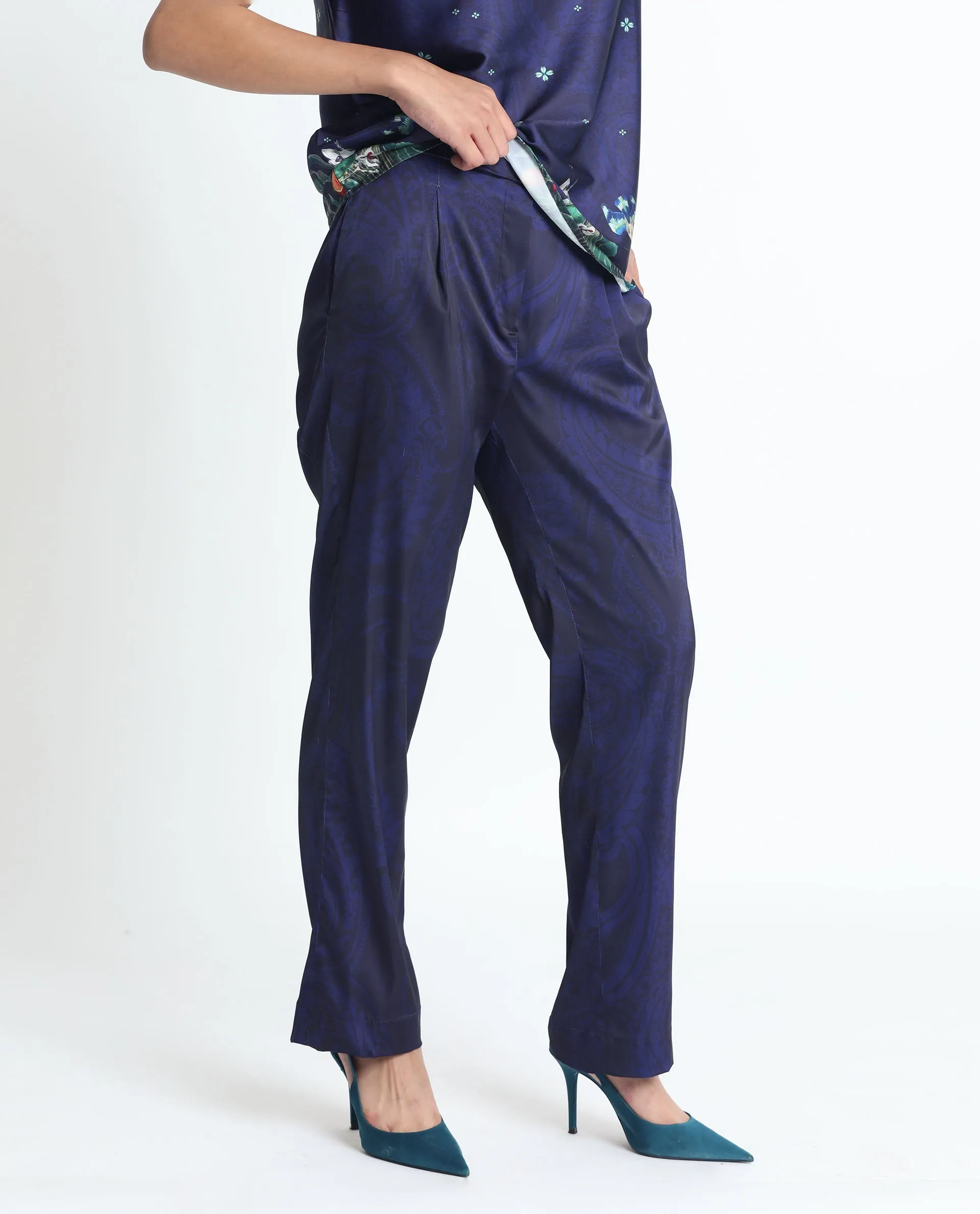 Rareism Women Braun Navy Polyester Fabric Tailored Fit Abstract Print Ankle Length Trousers