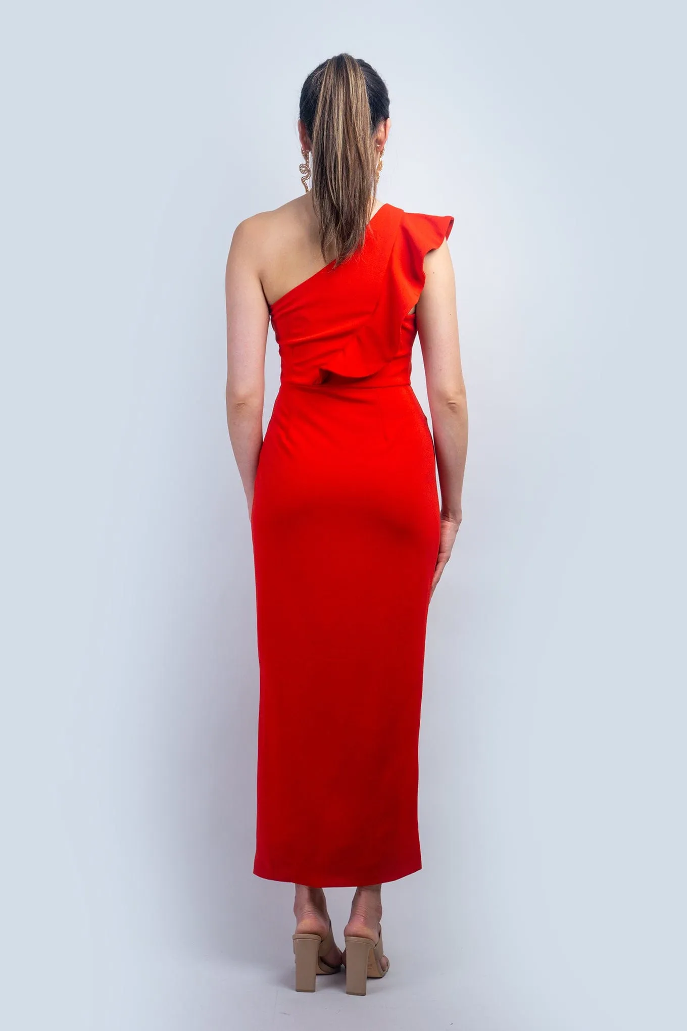 Red One Shoulder Ruffle Midi Dress