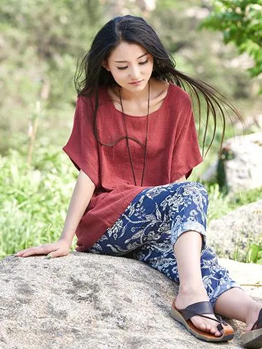 Round-neck Linen Cotton Half Sleeves Tops