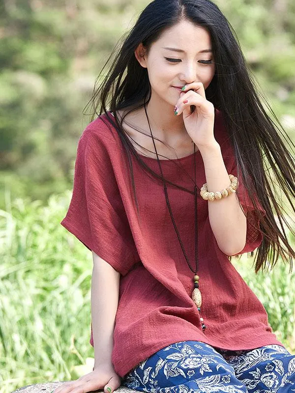 Round-neck Linen Cotton Half Sleeves Tops