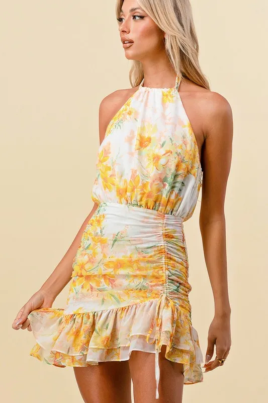 Ruched Smocked Halter Floral Ruffle Hem Mini Dress - Ivory Yellow