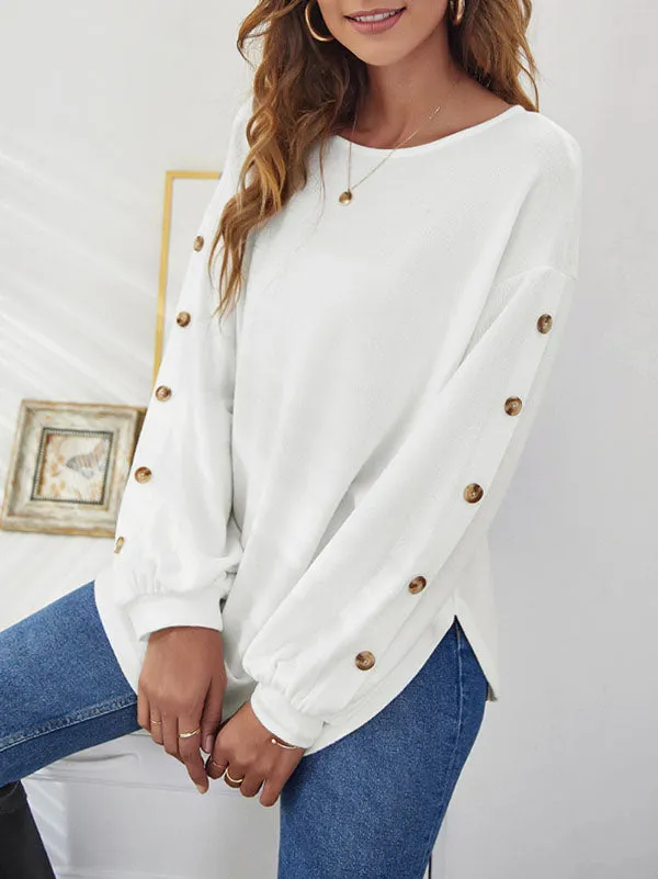 Simple Loose Long Sleeves Solid Color Round-Neck T-Shirts Tops