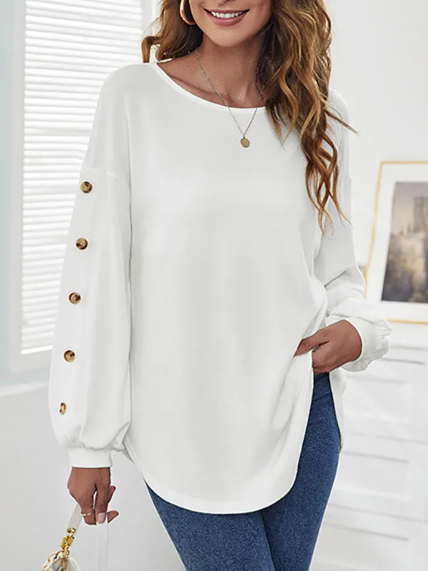 Simple Loose Long Sleeves Solid Color Round-Neck T-Shirts Tops