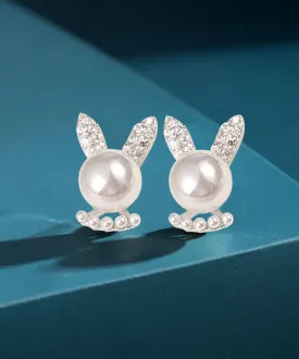 Simple White Cute Rabbit Zircon And Pearl Stud Earrings