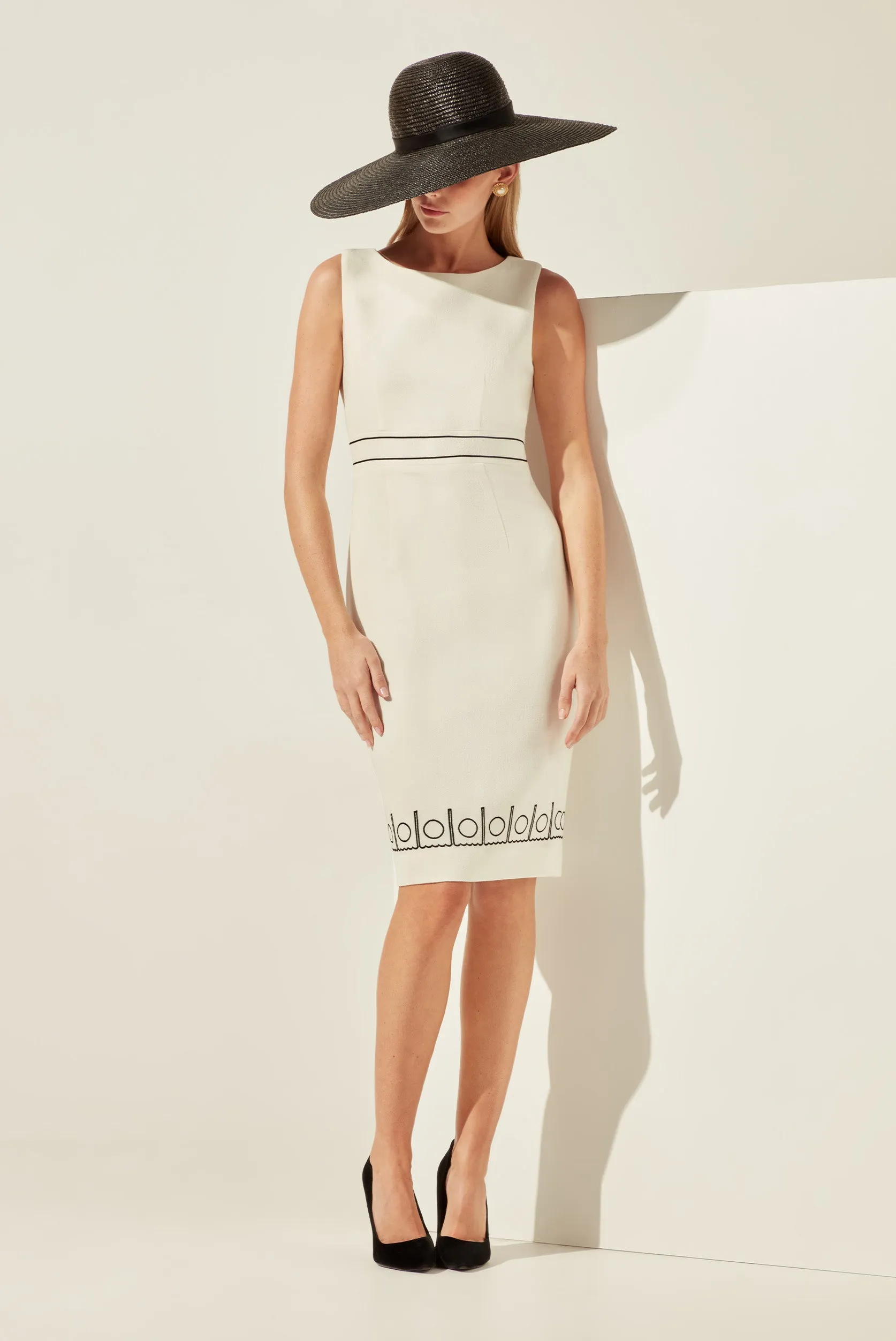 Sleeveless Ivory Faille Shift Dress with Black Embroidery Detail - Aude