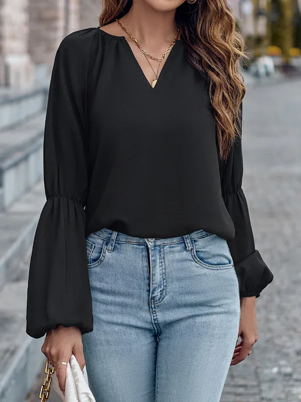 Solid Color Loose V-Neck Blouses&Shirts Tops