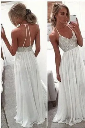 Spaghetti Strap Open Back A-Line Long Chiffon Prom Dresses Evening Dresses PG388