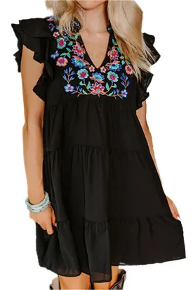 TEEK - Black Embroidered Ruffled Cap Sleeve Mini Dress