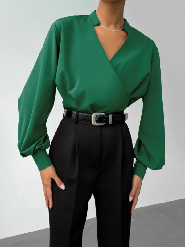 Urban Solid Color Puff Sleeve V-Neck Blouse Top