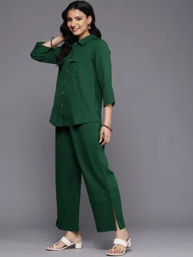 Varanga Women Green Crepe Shirt Collar Top And Bottom