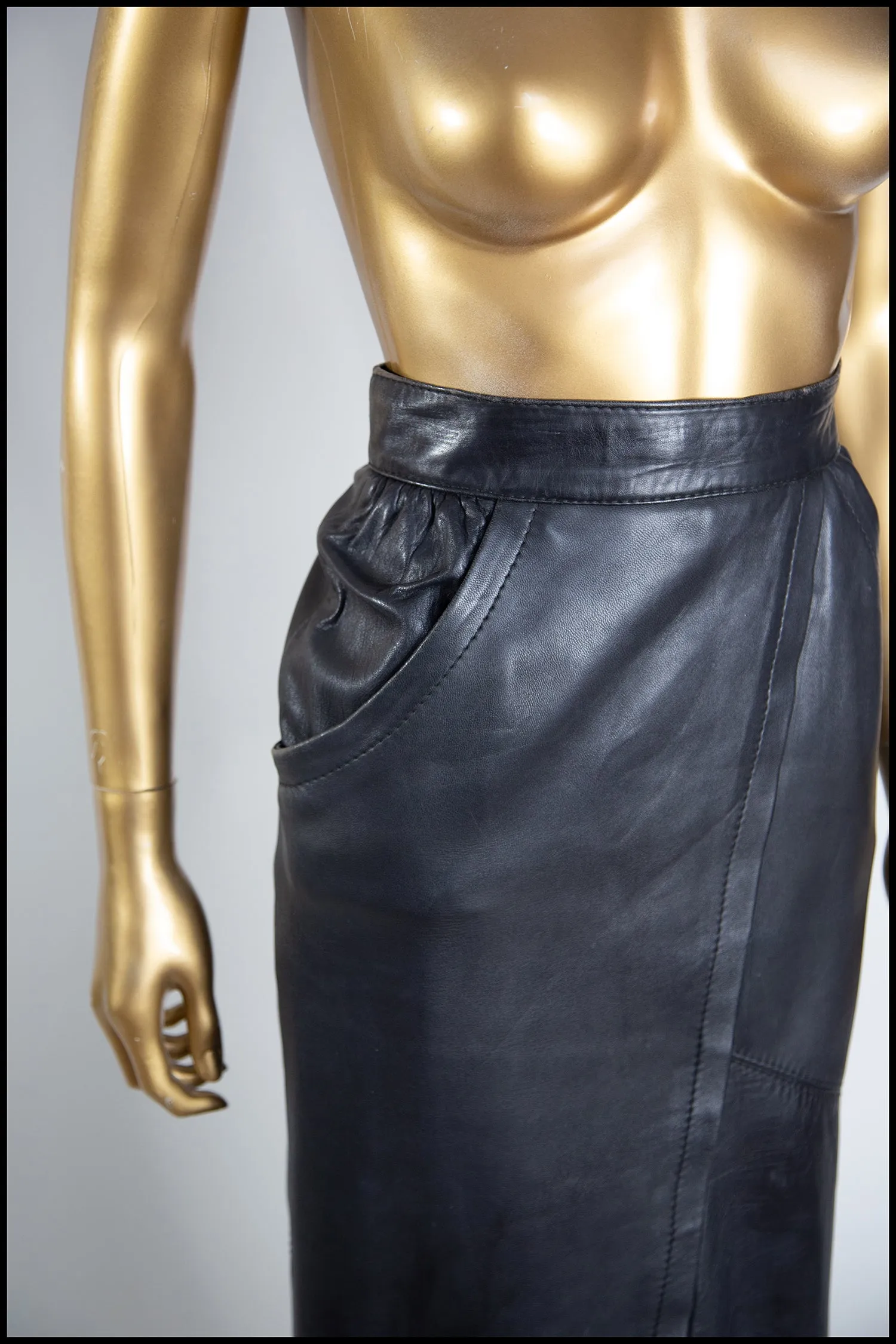 Vintage 1980s Black Leather Panel Cut Pencil Skirt