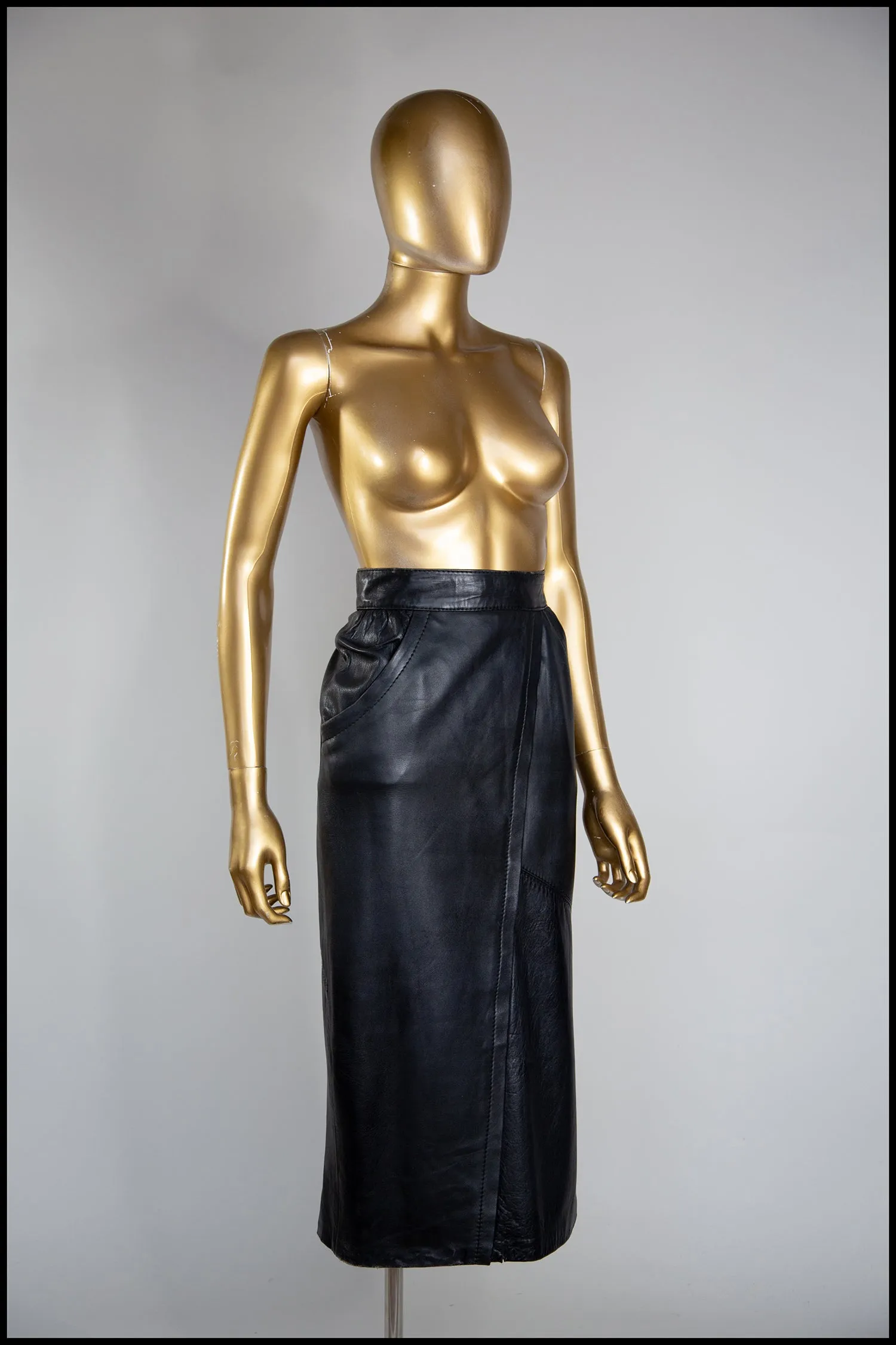 Vintage 1980s Black Leather Panel Cut Pencil Skirt