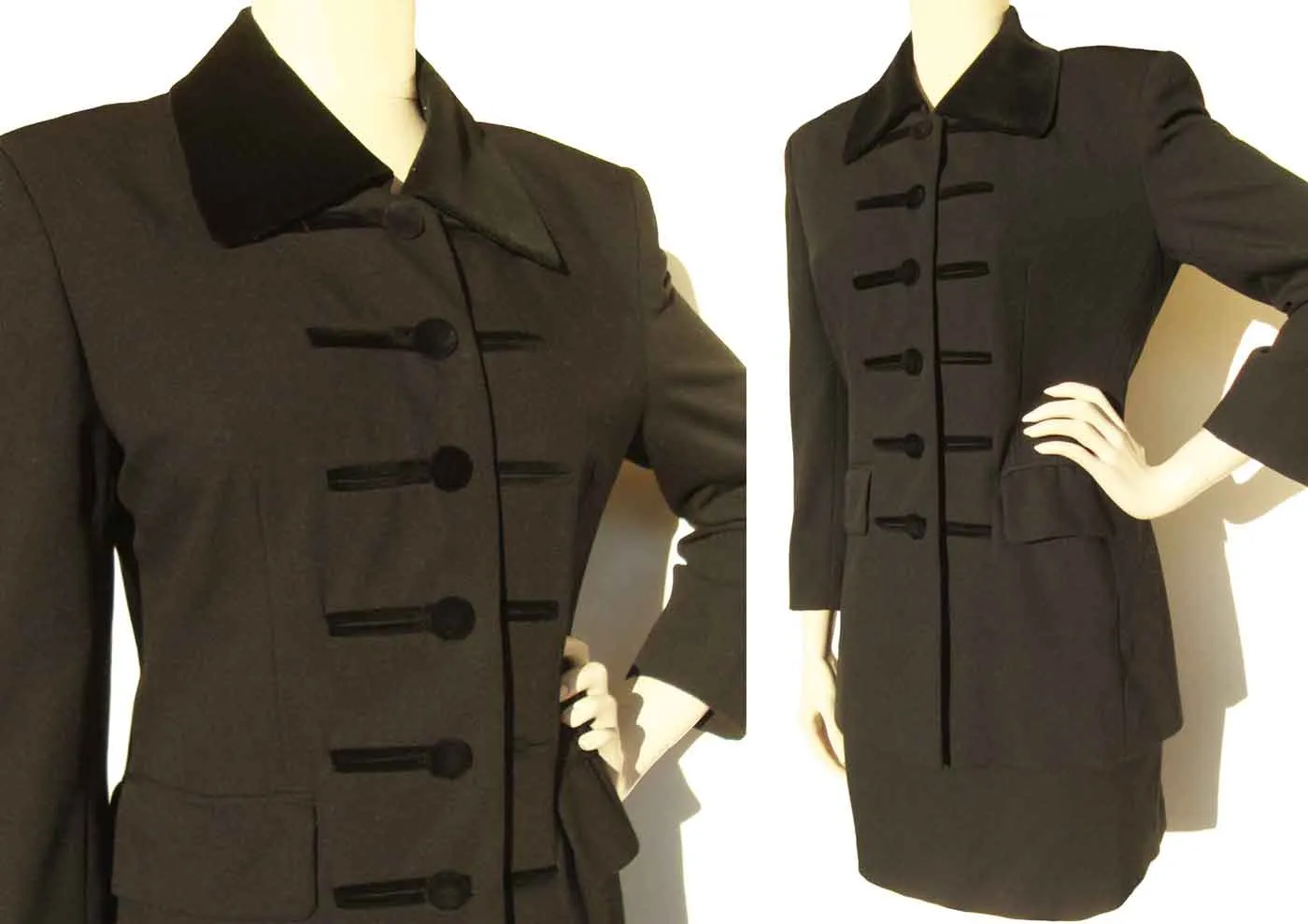 Vintage 90s Stephanie Anais Black Wool Skirt Suit Napoleon Style S