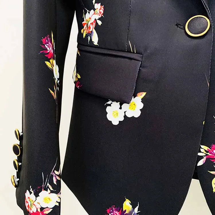 Women One Button Deep V Neck Floral Fitted Blazer   Flare Trousers Black Pants Suit