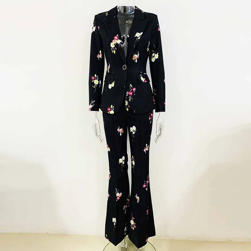 Women One Button Deep V Neck Floral Fitted Blazer   Flare Trousers Black Pants Suit