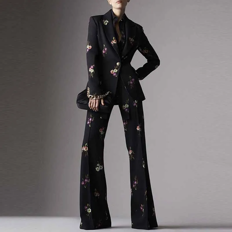 Women One Button Deep V Neck Floral Fitted Blazer   Flare Trousers Black Pants Suit