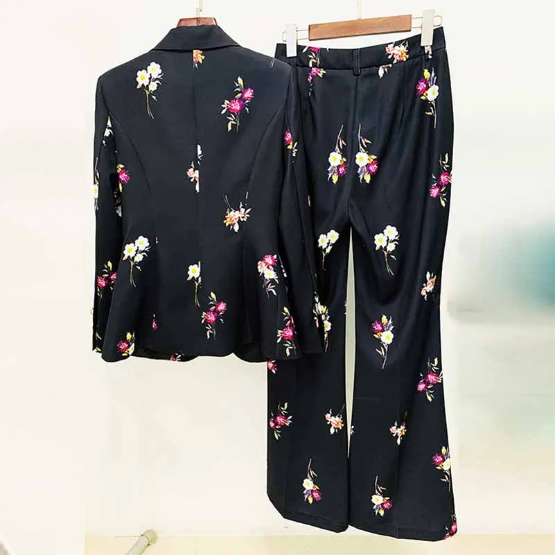 Women One Button Deep V Neck Floral Fitted Blazer   Flare Trousers Black Pants Suit