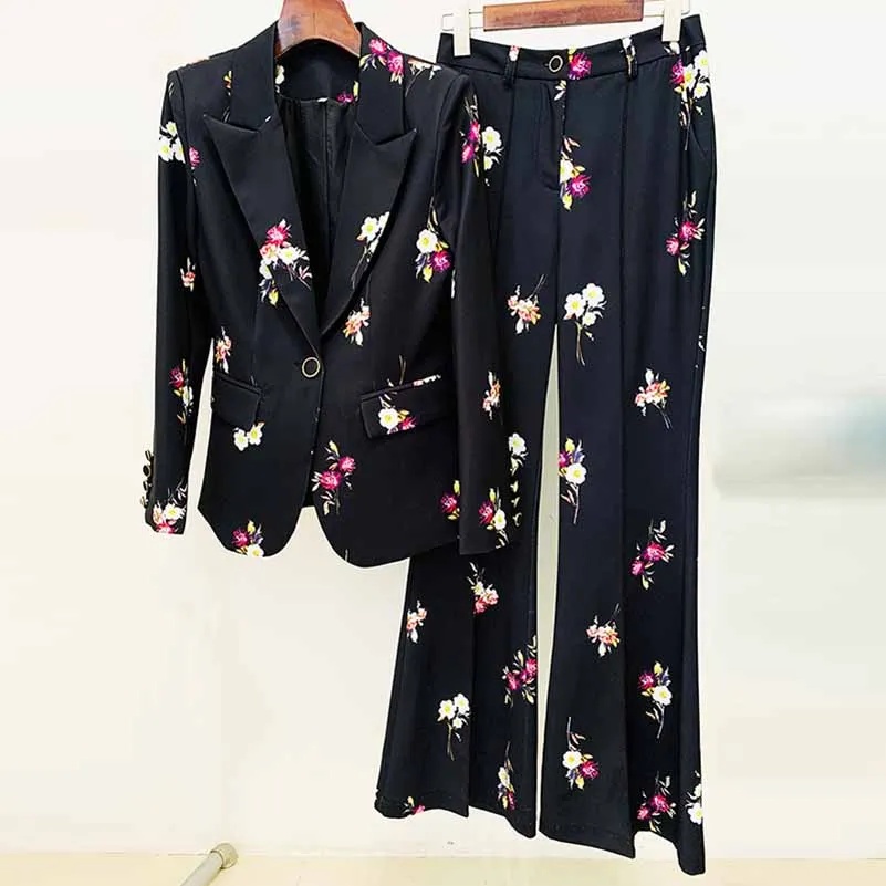 Women One Button Deep V Neck Floral Fitted Blazer   Flare Trousers Black Pants Suit