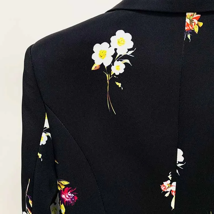 Women One Button Deep V Neck Floral Fitted Blazer   Flare Trousers Black Pants Suit