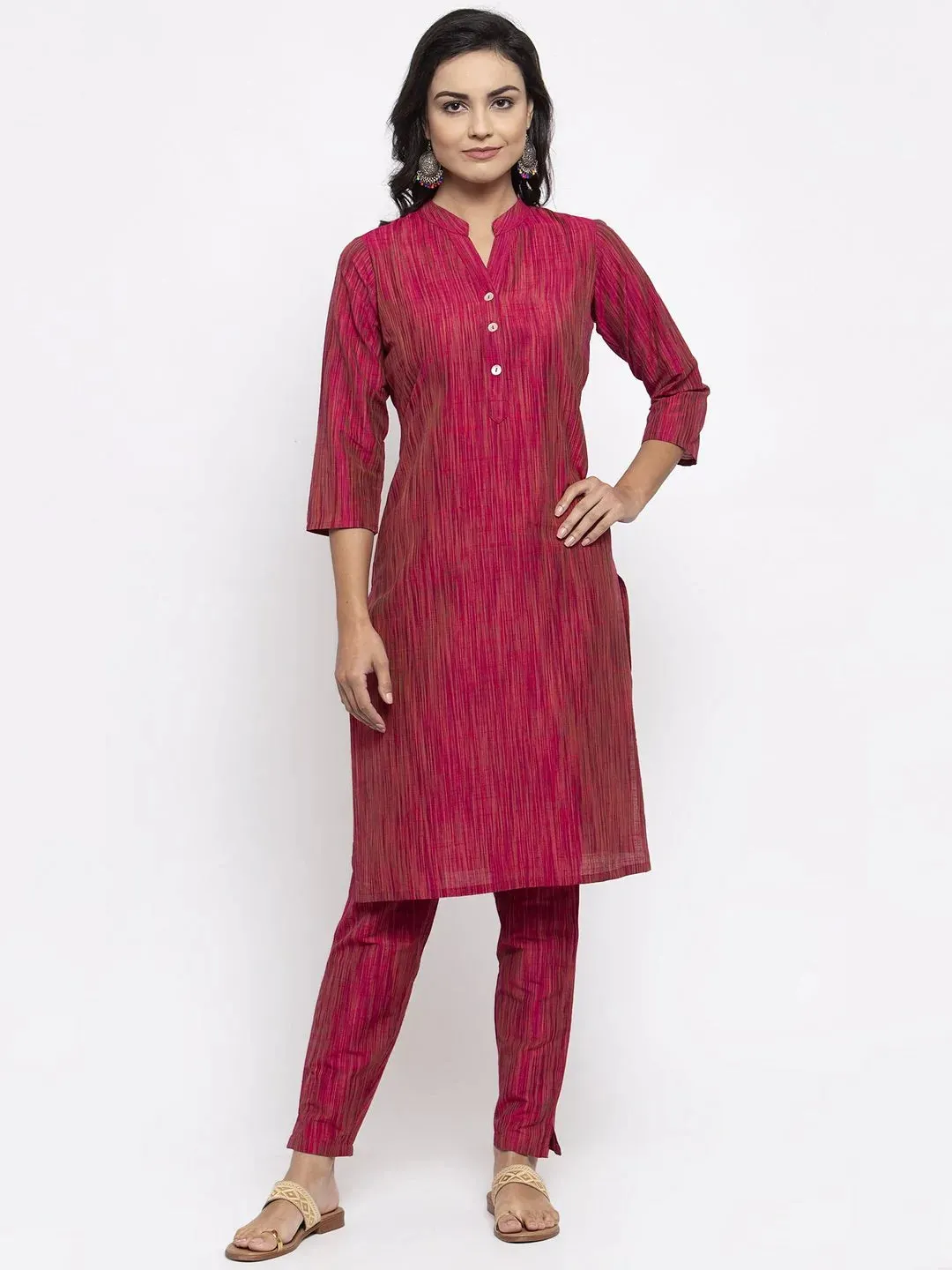 Women Pink Self-Striped Kurta With Trousers & Art Silk Printed Dupatta