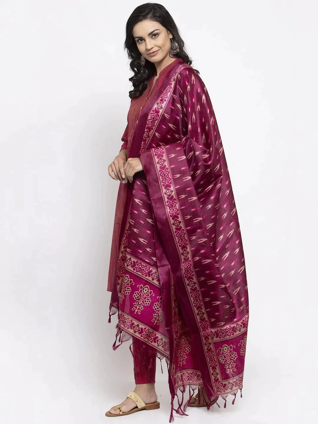 Women Pink Self-Striped Kurta With Trousers & Art Silk Printed Dupatta