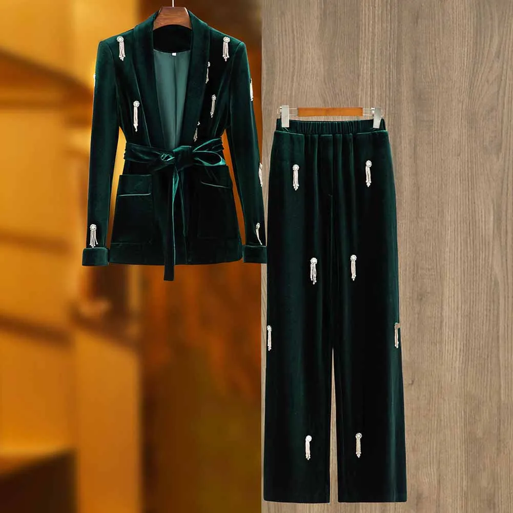 Women's Autumn/Winter Pantsuit Mid length Velvet Suit With Belted Elastic Waist Wide Leg Trouser Set Fashion Two Piece Set