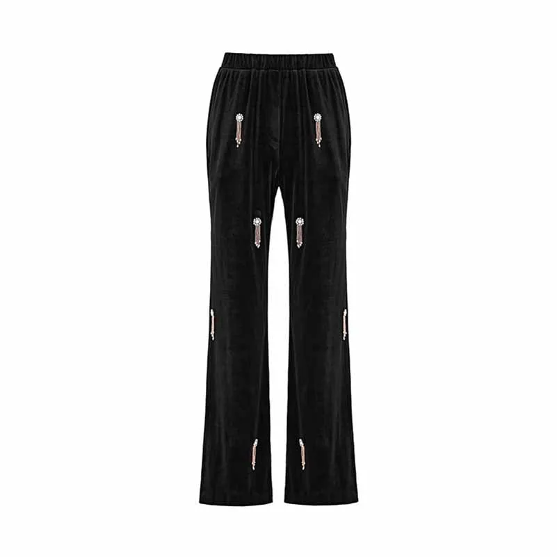 Women's Autumn/Winter Pantsuit Mid length Velvet Suit With Belted Elastic Waist Wide Leg Trouser Set Fashion Two Piece Set