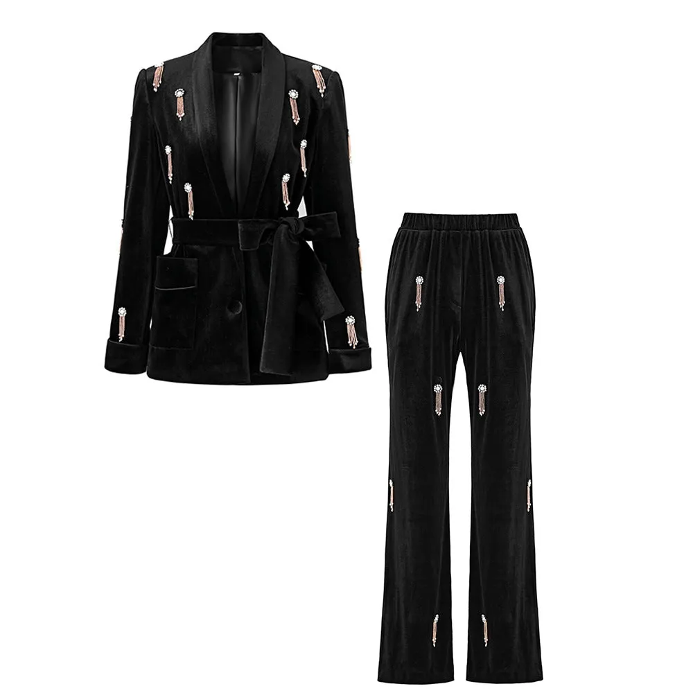 Women's Autumn/Winter Pantsuit Mid length Velvet Suit With Belted Elastic Waist Wide Leg Trouser Set Fashion Two Piece Set