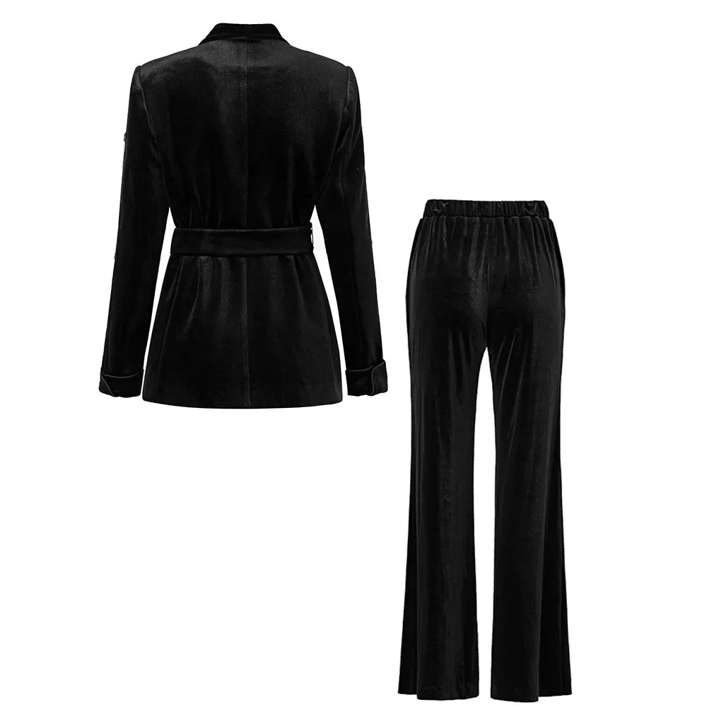 Women's Autumn/Winter Pantsuit Mid length Velvet Suit With Belted Elastic Waist Wide Leg Trouser Set Fashion Two Piece Set