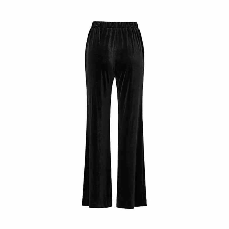 Women's Autumn/Winter Pantsuit Mid length Velvet Suit With Belted Elastic Waist Wide Leg Trouser Set Fashion Two Piece Set