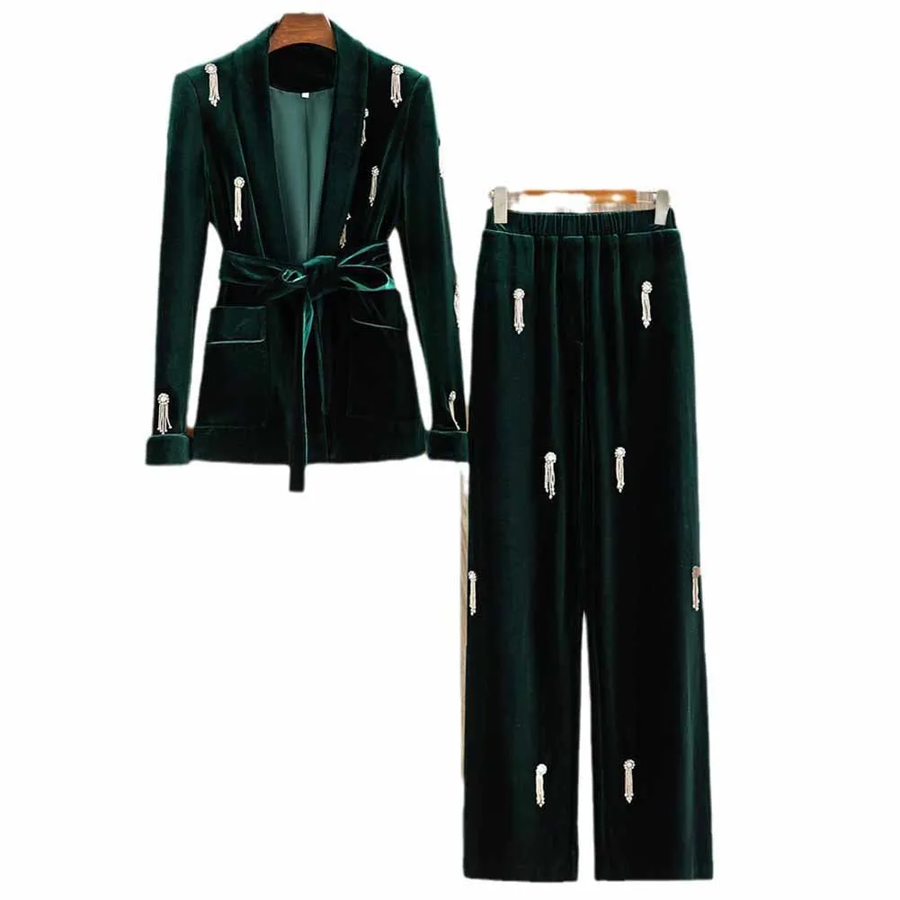 Women's Autumn/Winter Pantsuit Mid length Velvet Suit With Belted Elastic Waist Wide Leg Trouser Set Fashion Two Piece Set