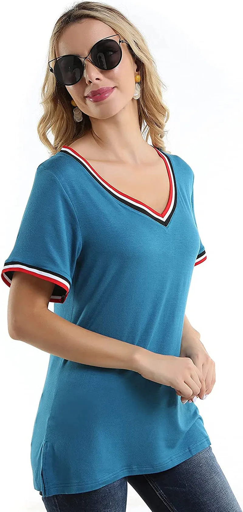 Women's T Shirts V-Neck Short Sleeve Side Split Loose Fit Casual Tees